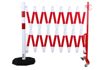 Scherengitter-4-m-Rot-Weiß-Rollenfüßen-mobiler-Fußplatte